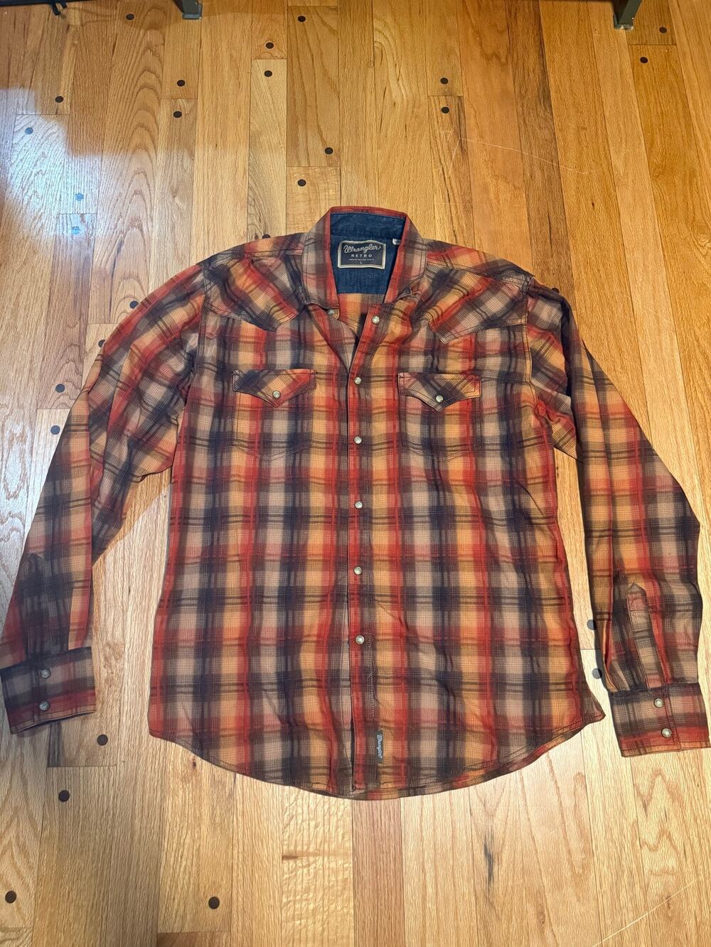 Wrangler Retro Western Shirt Men L Brown Orange Plaid Pearl Snap Cowboy